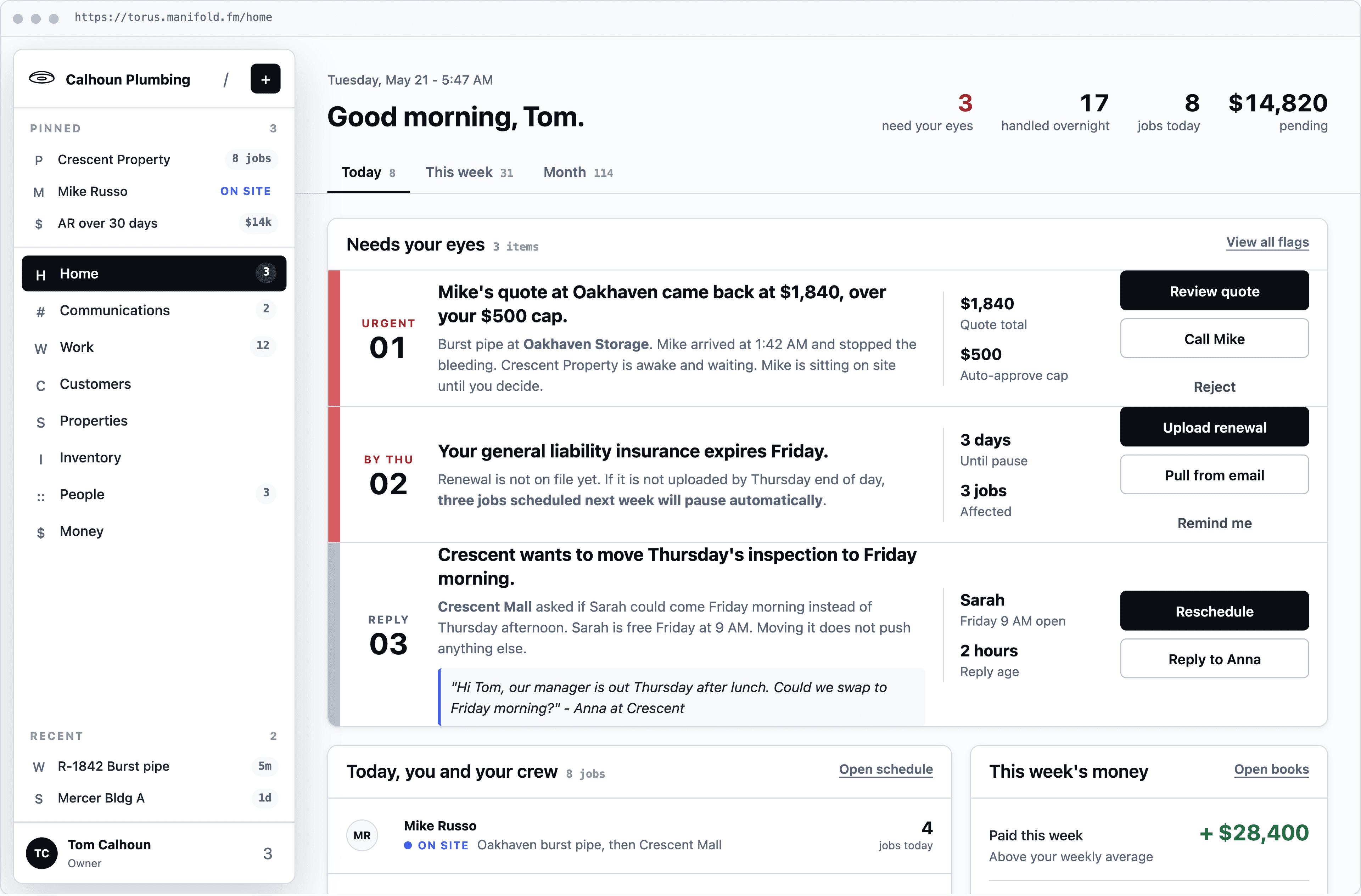 Torus home — morning briefing dashboard