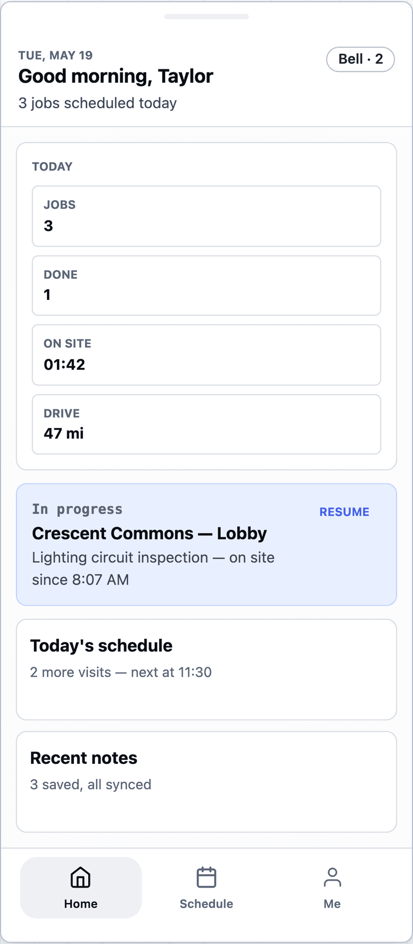 Torus technician mobile home screen